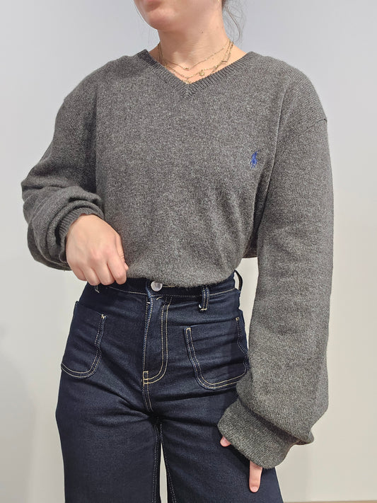 Pull col V en laine gris - XL