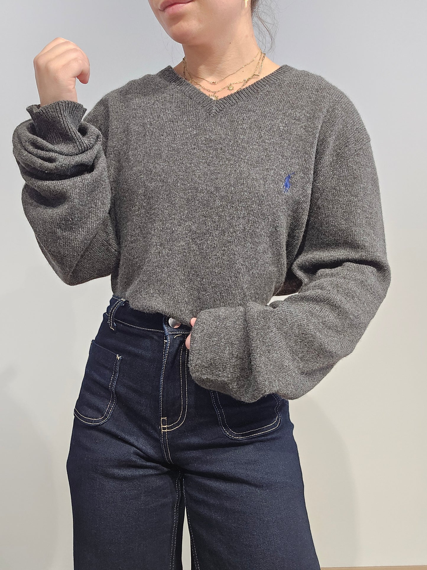 Pull col V en laine gris - XL