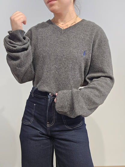 Pull col V en laine gris - XL