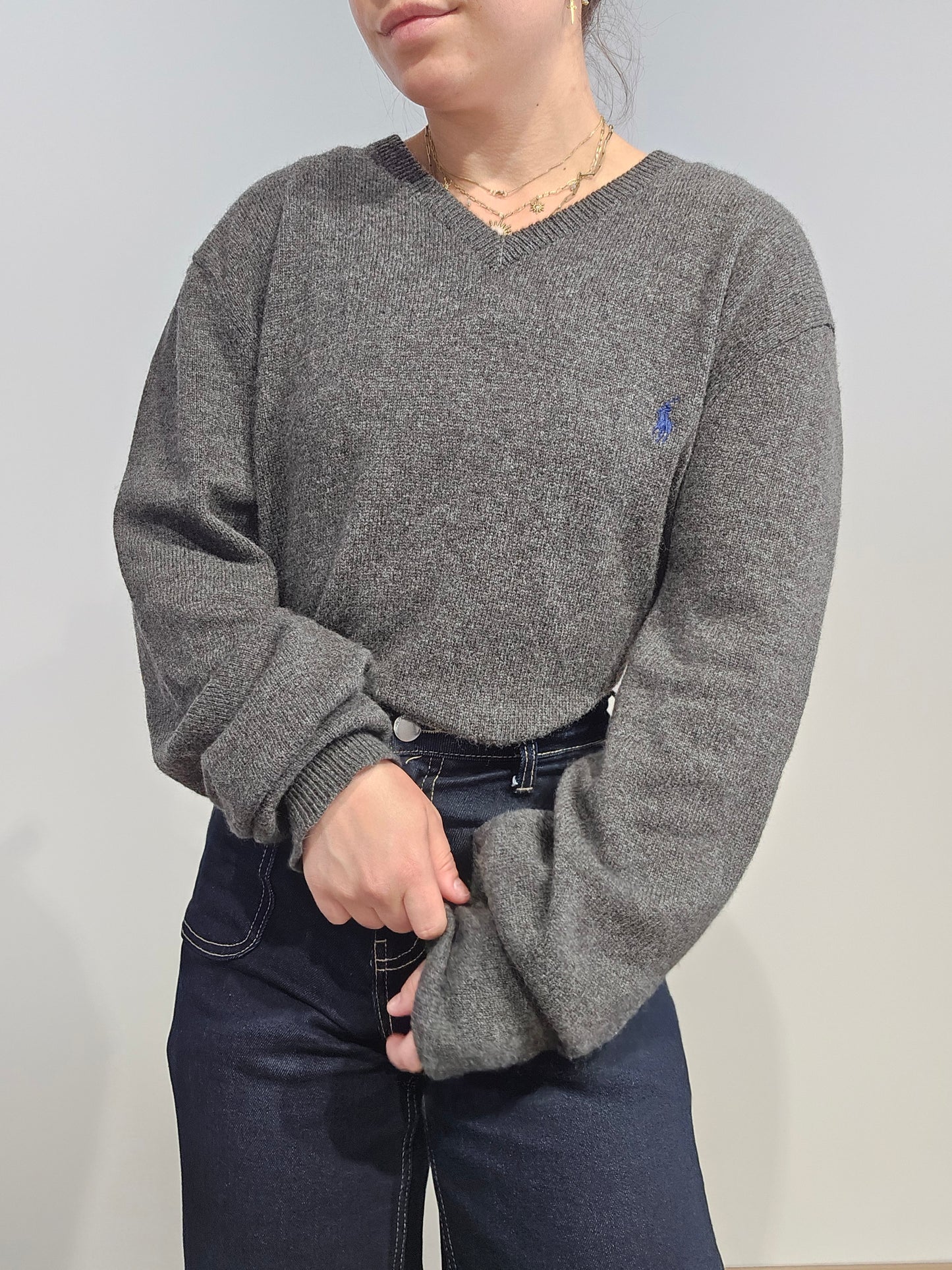 Pull col V en laine gris - XL