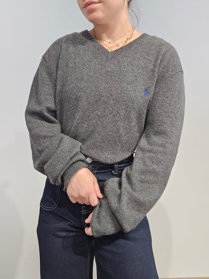 Pull col V en laine gris - XL