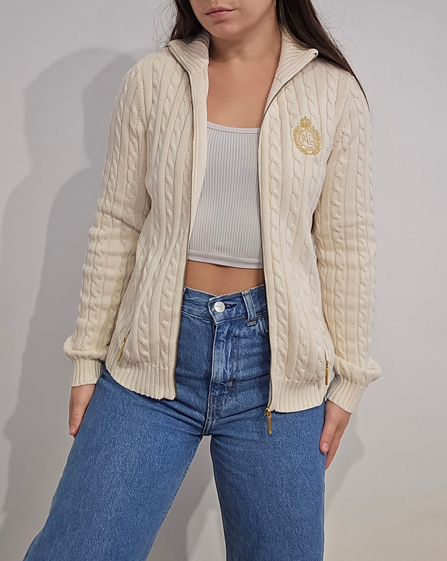 Veste en maille torsadée crème brodée - XS