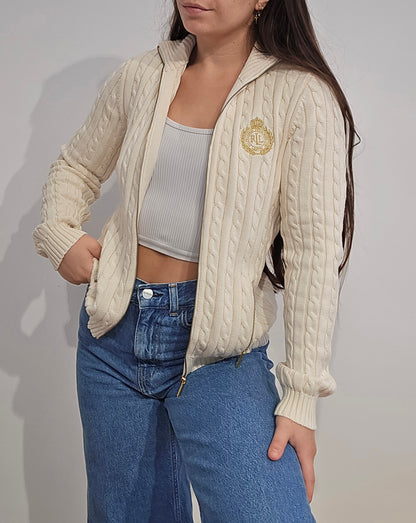 Veste en maille torsadée crème brodée - XS