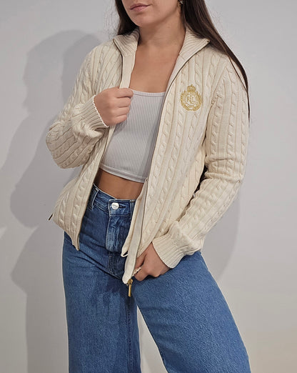 Veste en maille torsadée crème brodée - XS