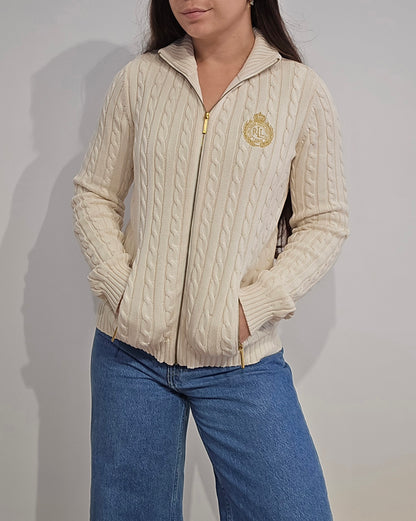 Veste en maille torsadée crème brodée - XS
