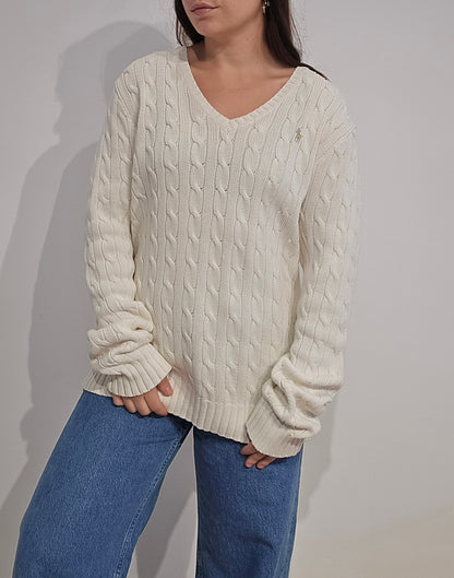 Pull col V en maille torsadée blanc - XL