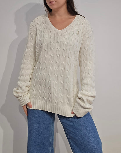 Pull col V en maille torsadée blanc - XL