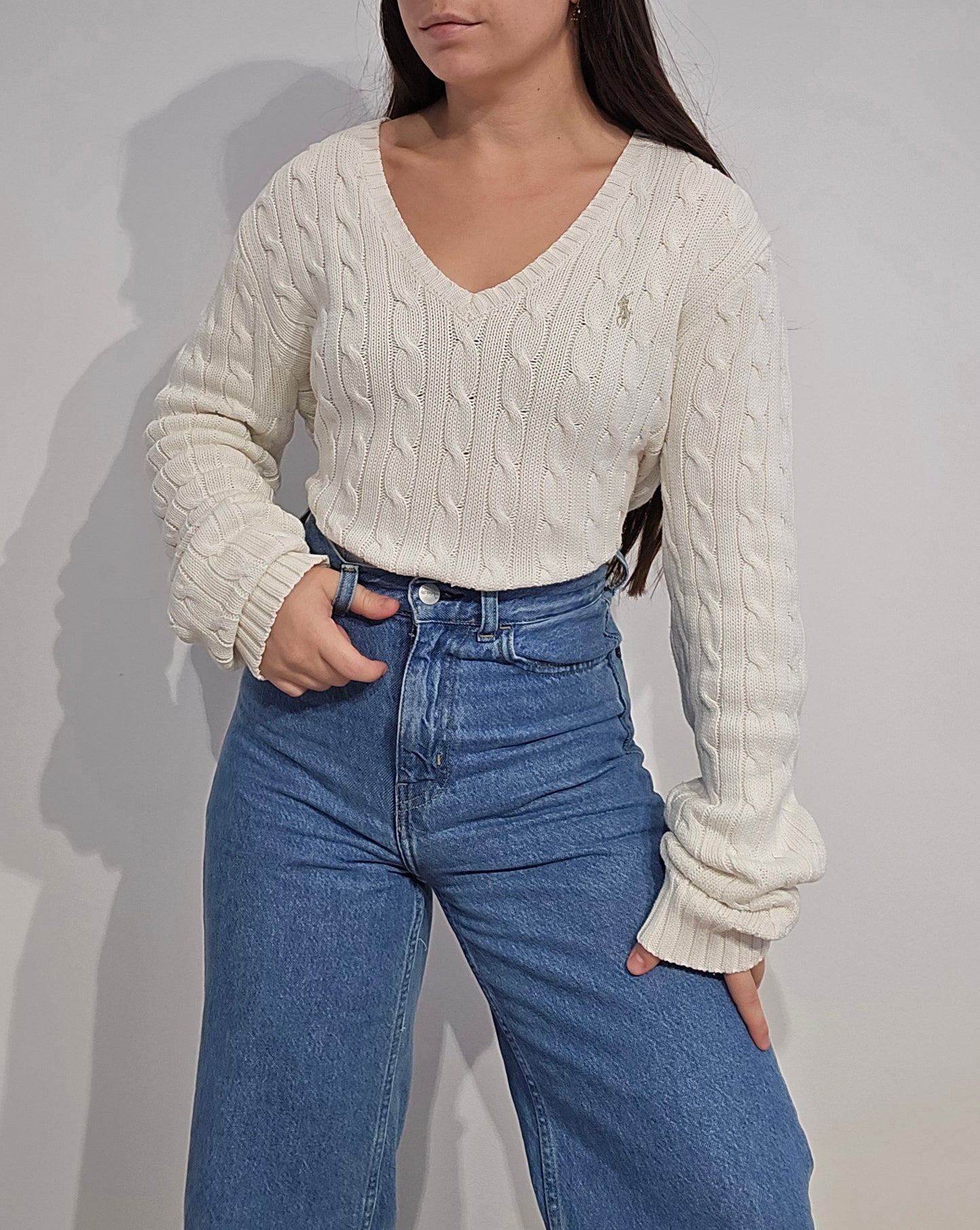 Pull col V en maille torsadée blanc - XL
