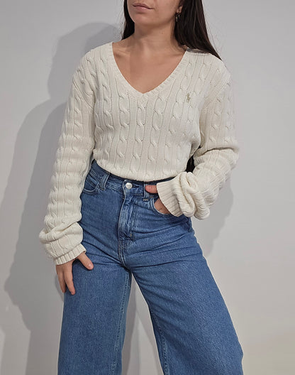 Pull col V en maille torsadée blanc - XL