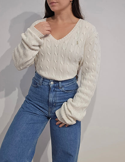 Pull col V en maille torsadée blanc - XL