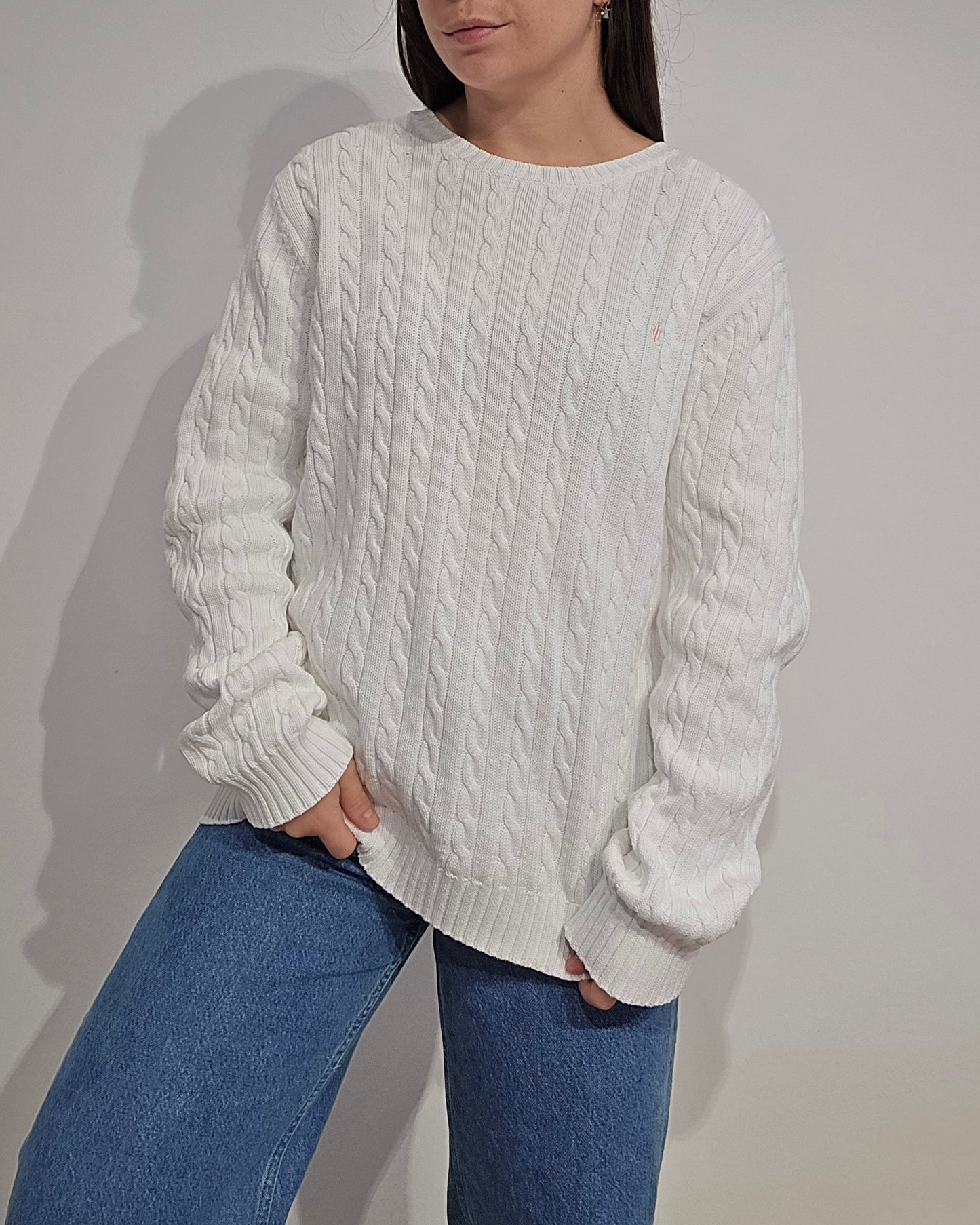 Pull col rond en maille torsadée blanc - XL