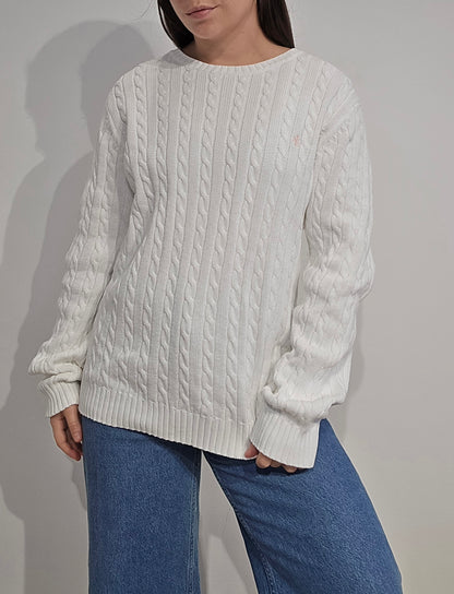 Pull col rond en maille torsadée blanc - XL