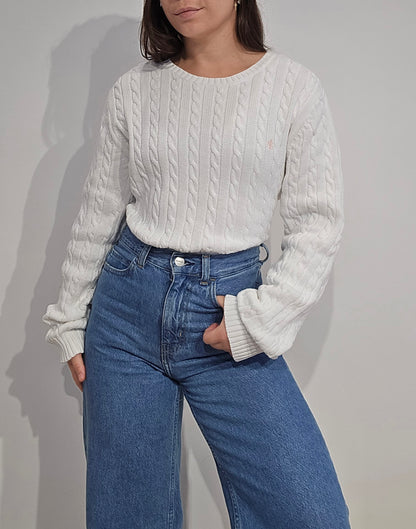 Pull col rond en maille torsadée blanc - XL