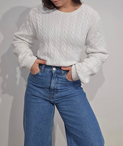 Pull col rond en maille torsadée blanc - XL