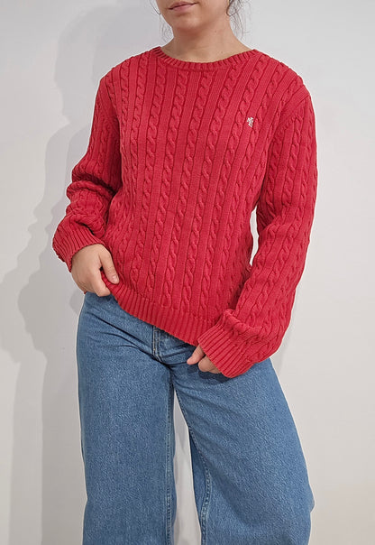 Pull col rond en maille torsadée rouge collection RLR - L