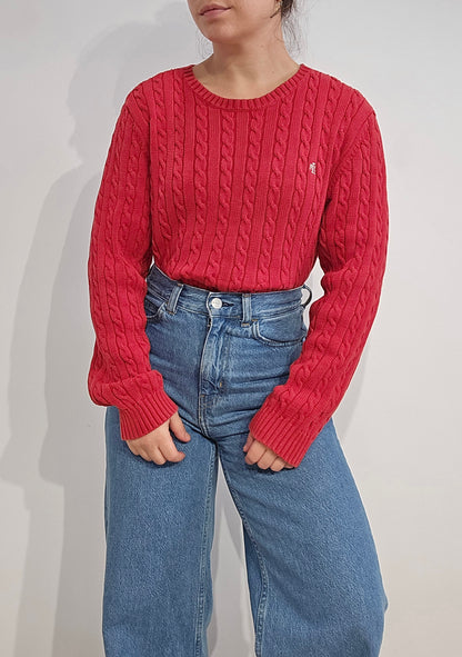Pull col rond en maille torsadée rouge collection RLR - L