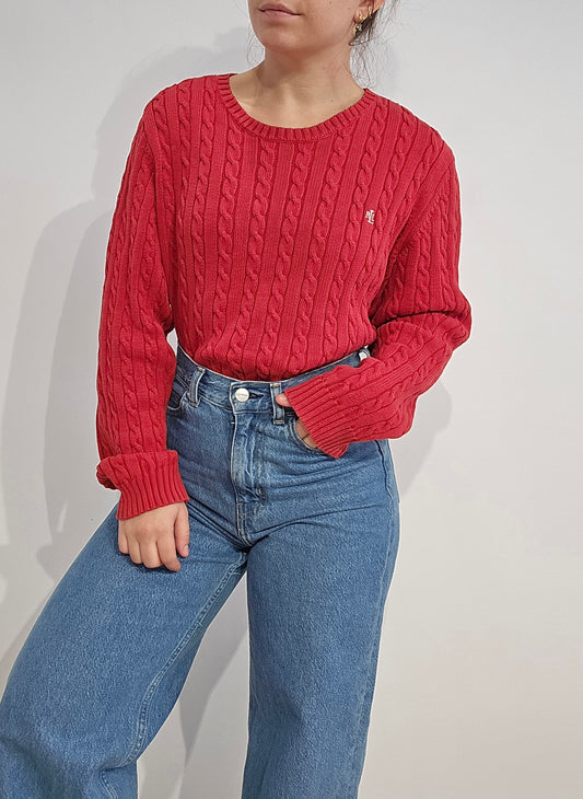 Pull col rond en maille torsadée rouge collection RLR - L