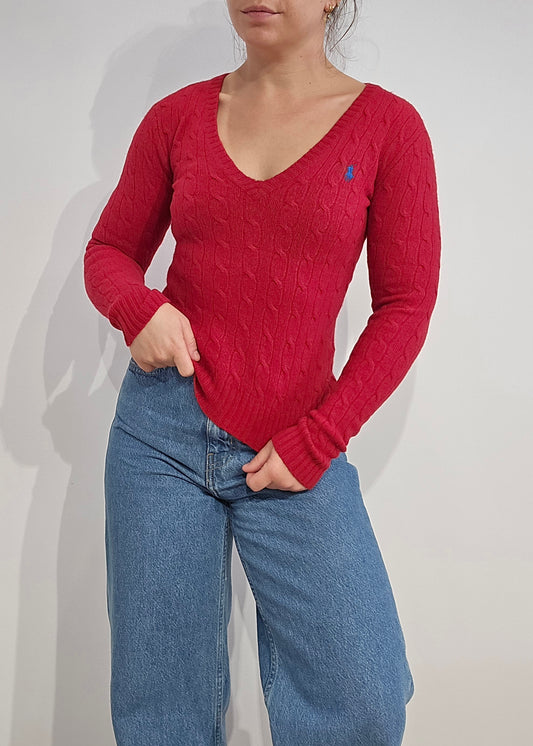 Pull col V en maille torsadée rouge - XXS