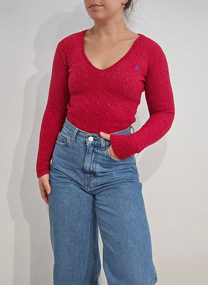 Pull col V en maille torsadée rouge - XXS