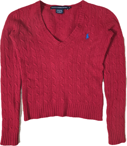 Pull col V en maille torsadée rouge - XXS