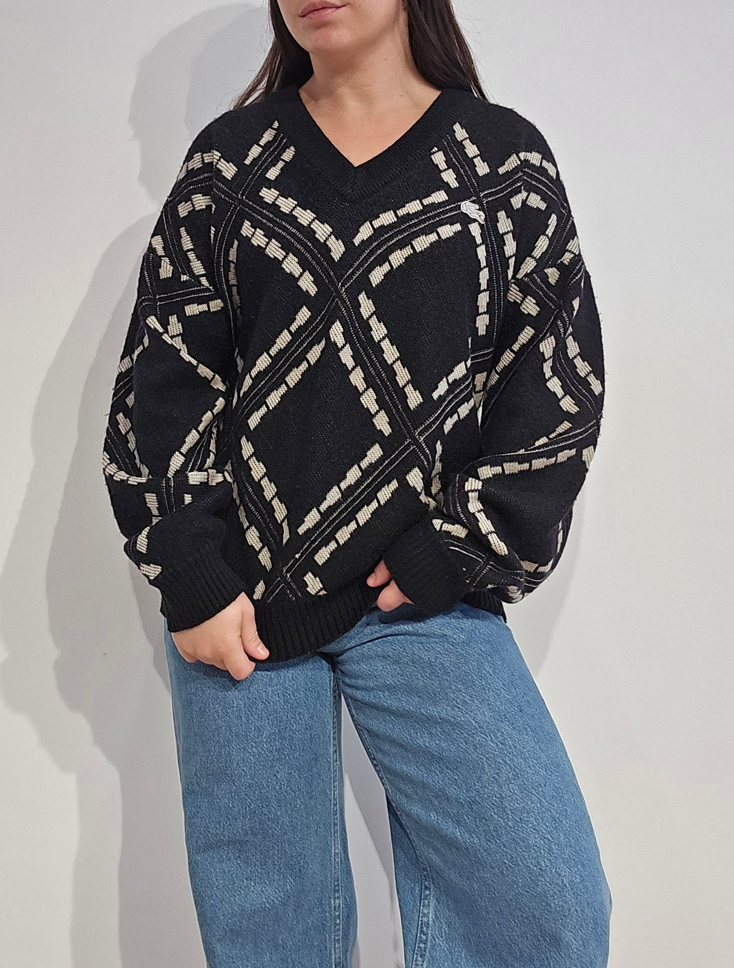 Pull col V à motifs des années 80'- L