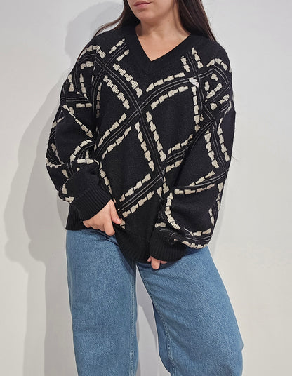 Pull col V à motifs des années 80'- L