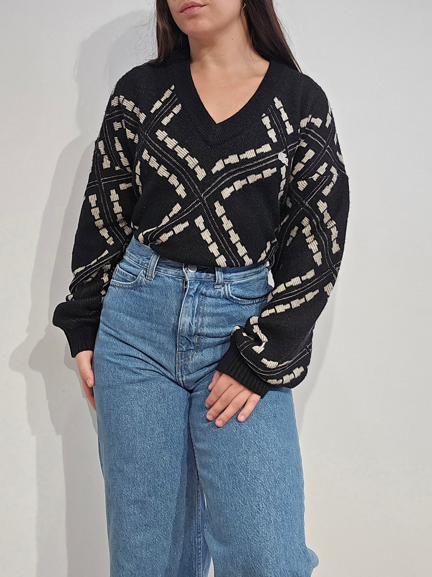 Pull col V à motifs des années 80'- L