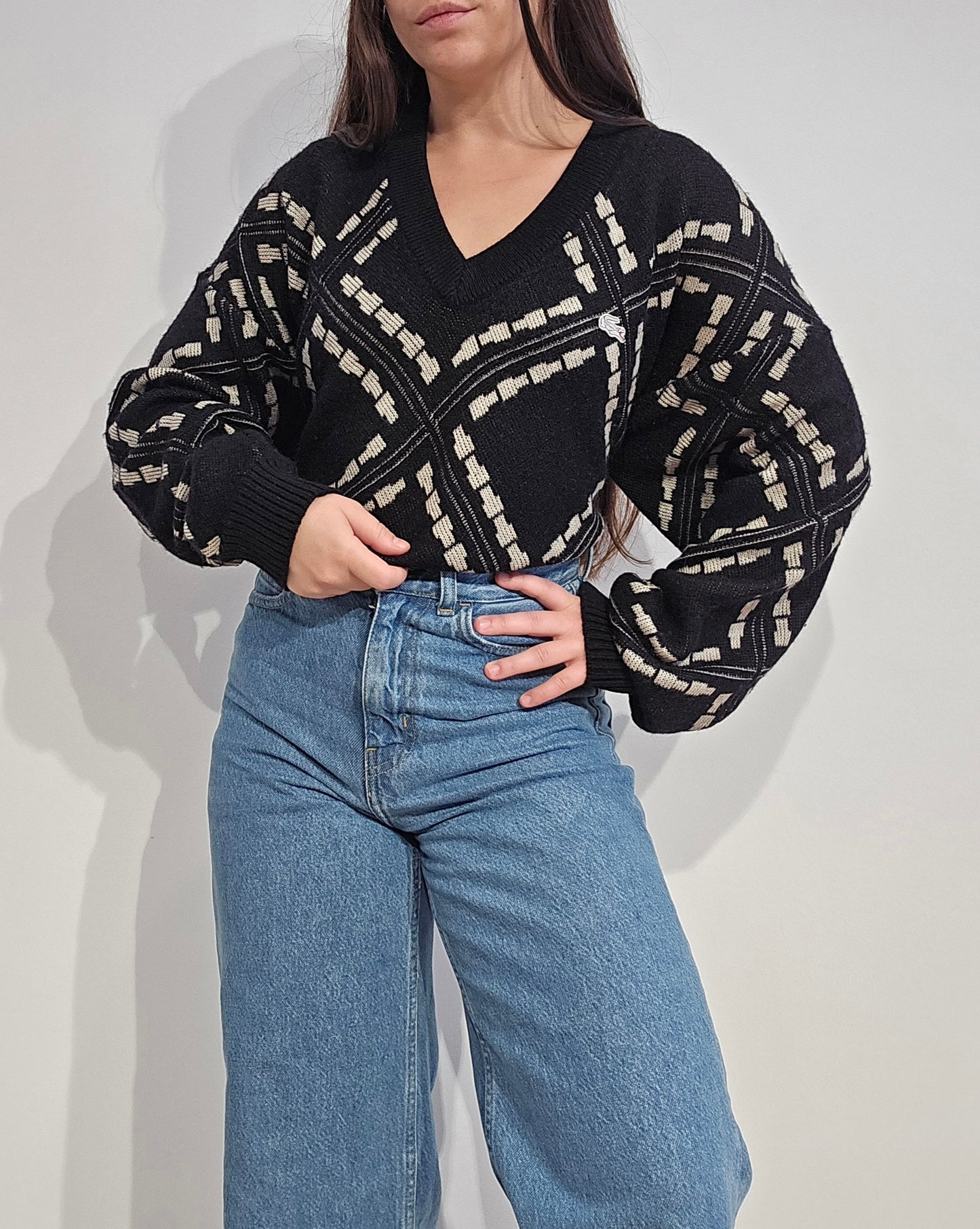 Pull col V à motifs des années 80'- L