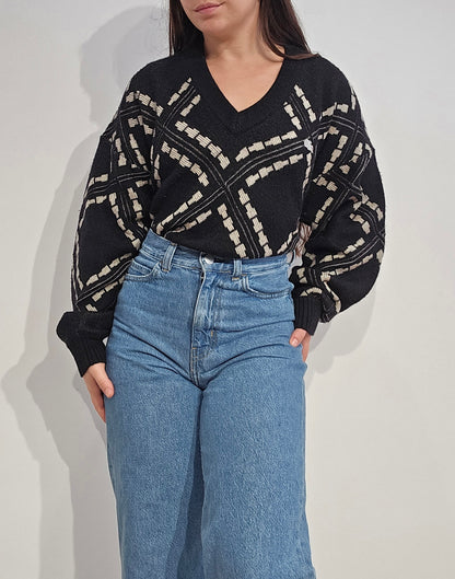 Pull col V à motifs des années 80'- L