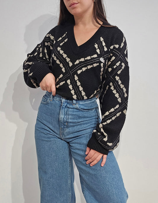 Pull col V à motifs des années 80'- L