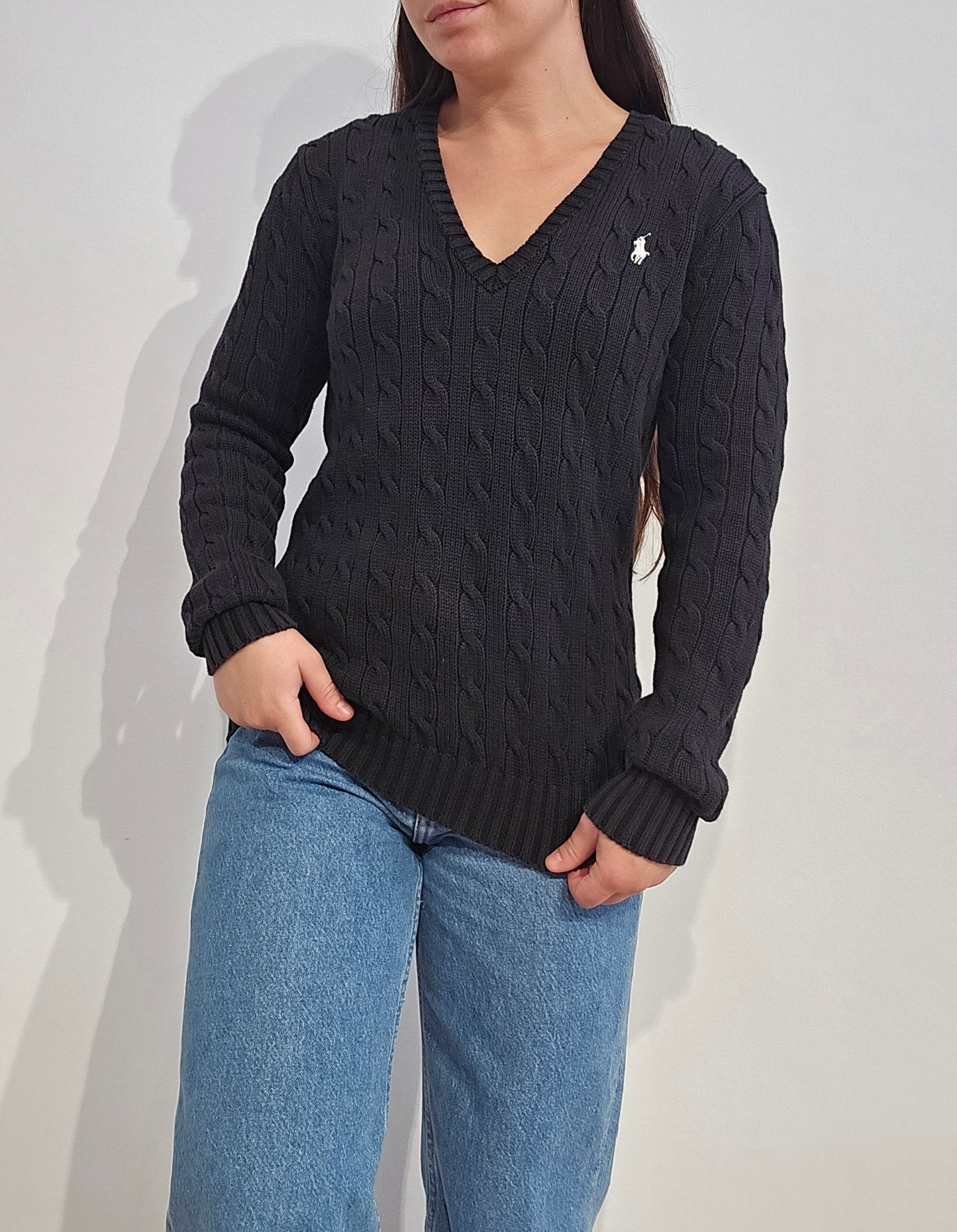 Pull col V en maille torsadée noir - M