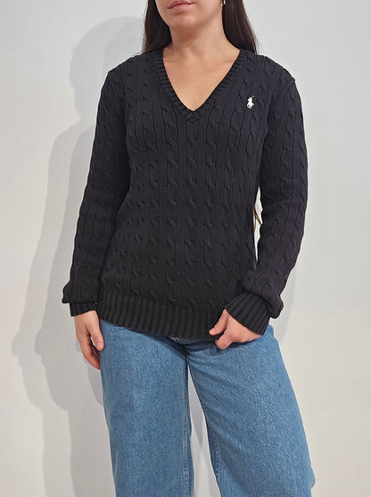 Pull col V en maille torsadée noir - M