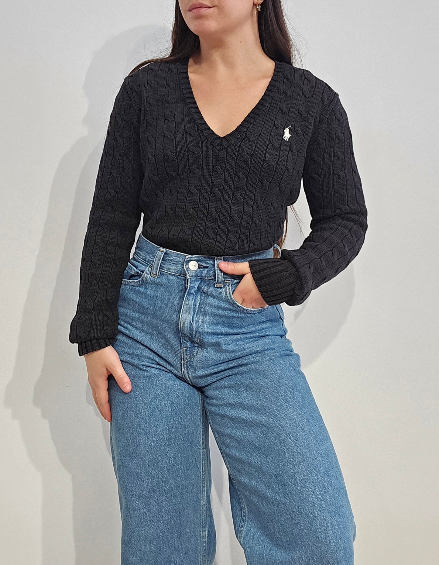 Pull col V en maille torsadée noir - M