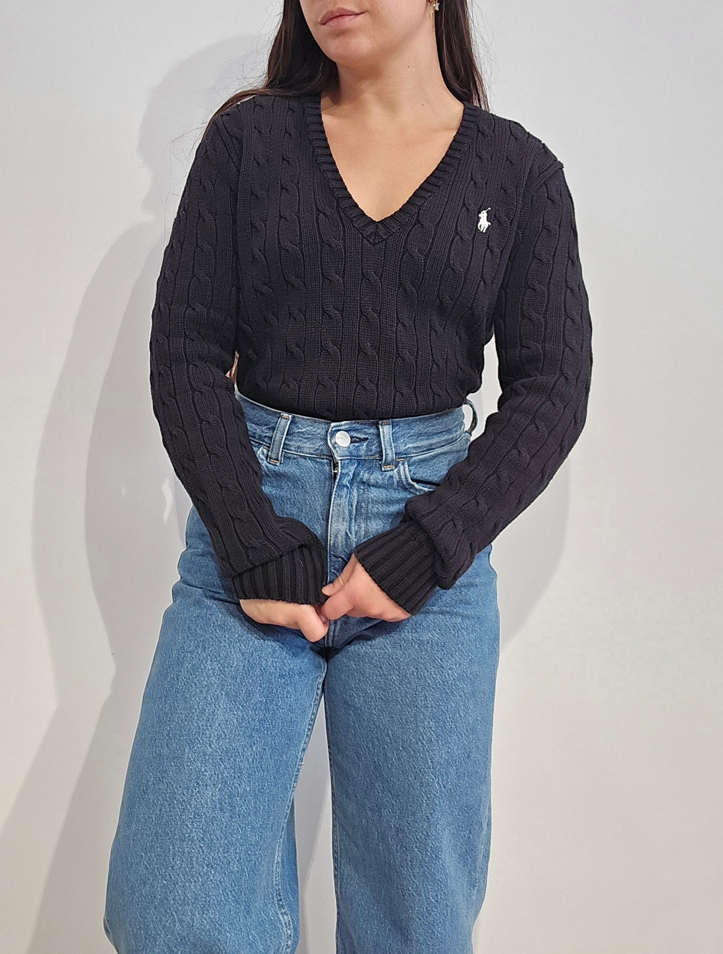 Pull col V en maille torsadée noir - M