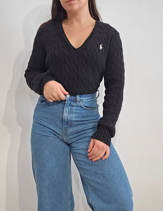 Pull col V en maille torsadée noir - M