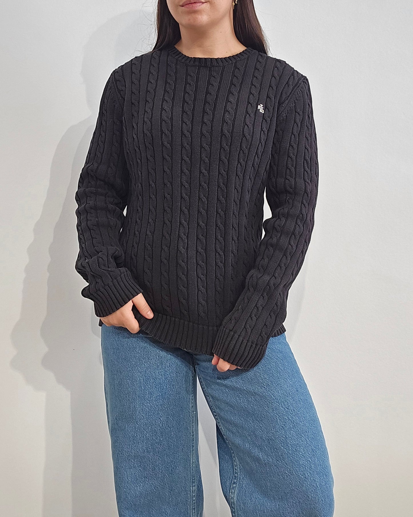 Pull col rond en maille torsadée noir collection RLR - M