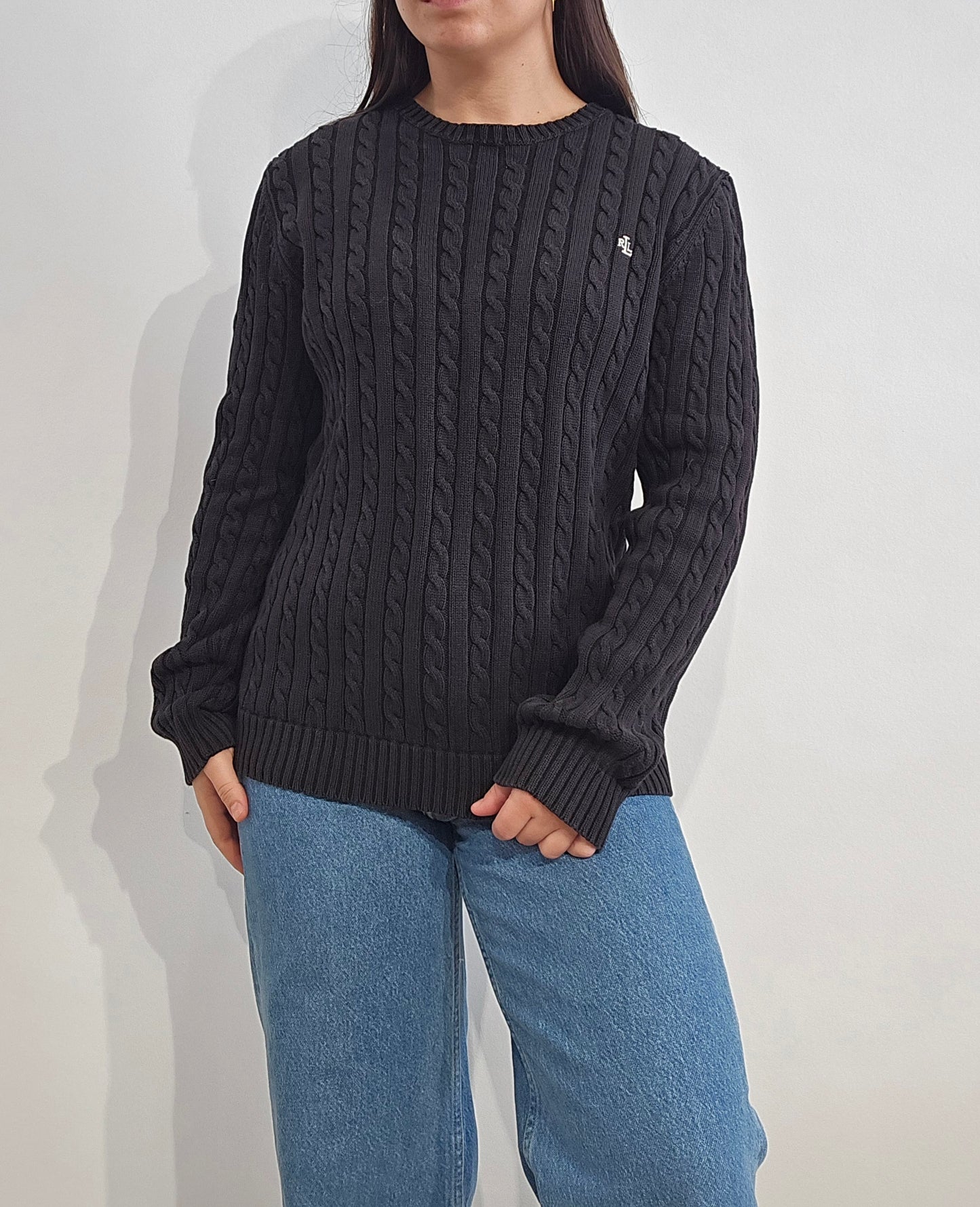 Pull col rond en maille torsadée noir collection RLR - M