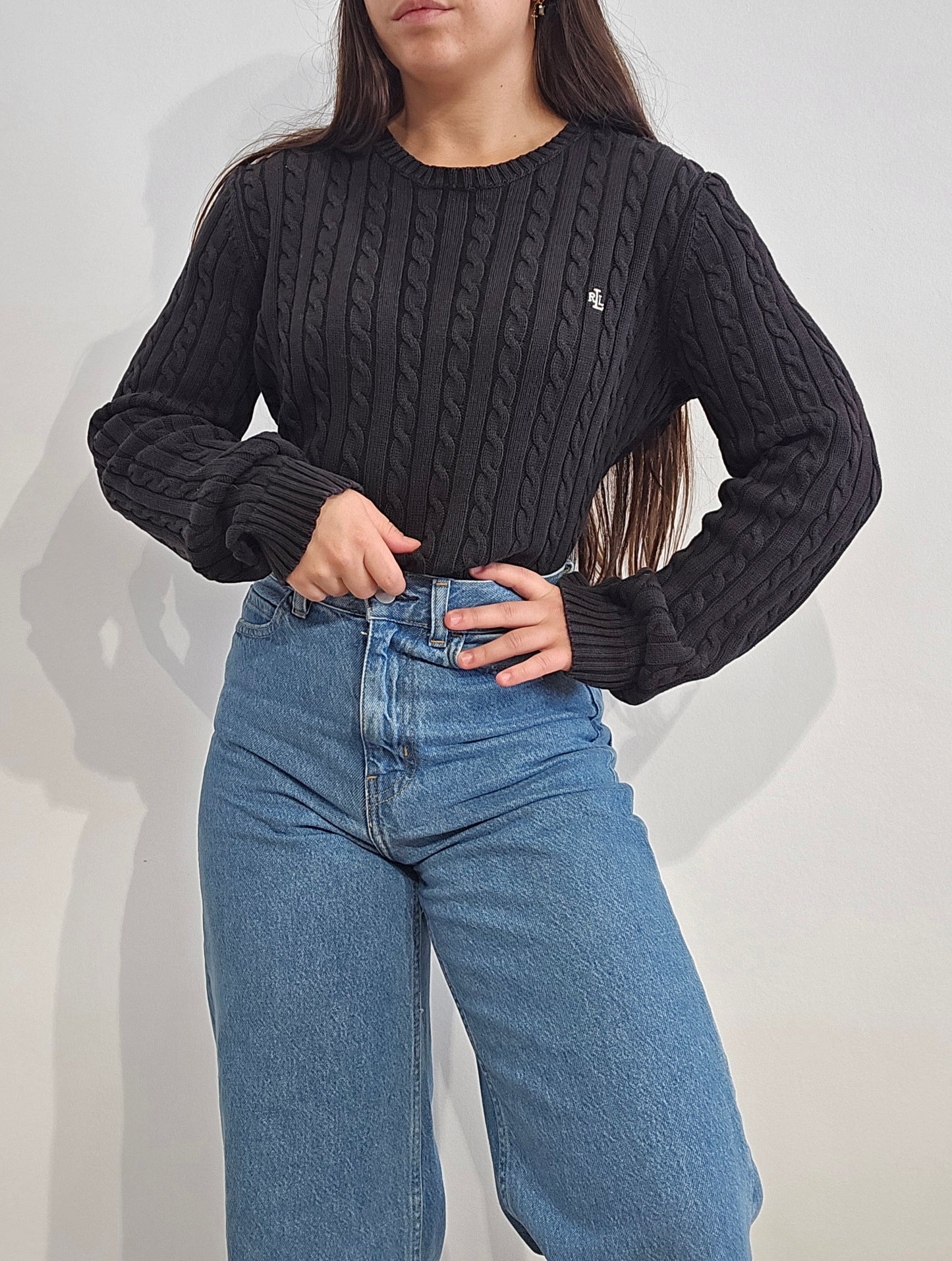 Pull col rond en maille torsadée noir collection RLR - M