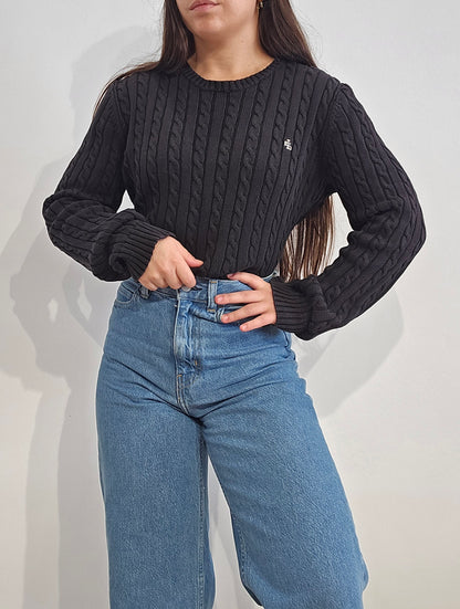Pull col rond en maille torsadée noir collection RLR - M