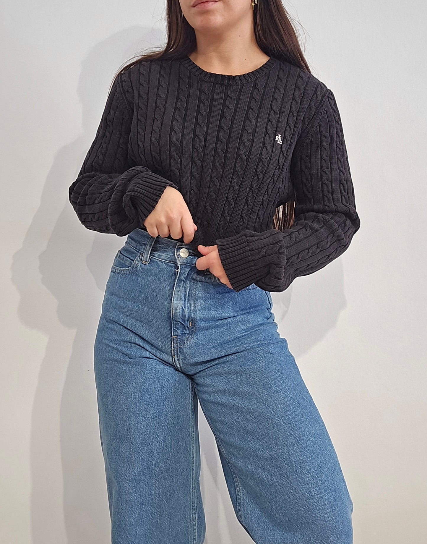 Pull col rond en maille torsadée noir collection RLR - M