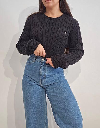Pull col rond en maille torsadée noir collection RLR - M