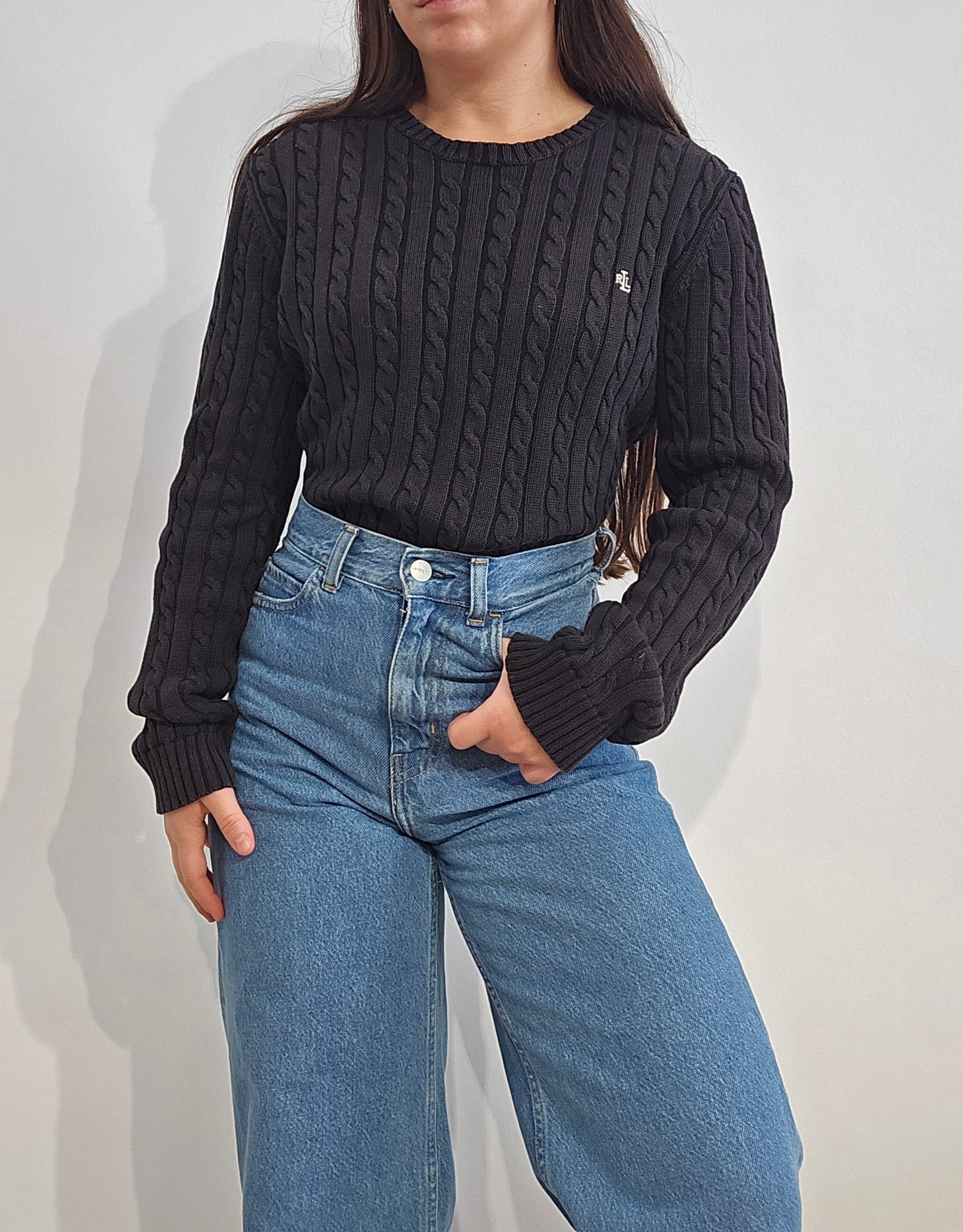 Pull col rond en maille torsadée noir collection RLR - M