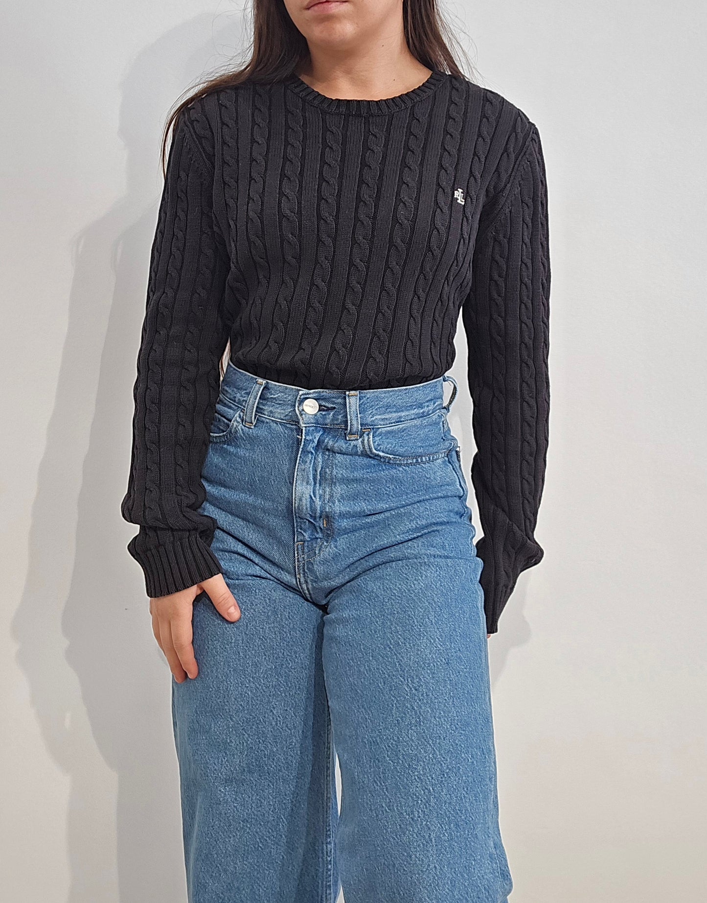 Pull col rond en maille torsadée noir collection RLR - M