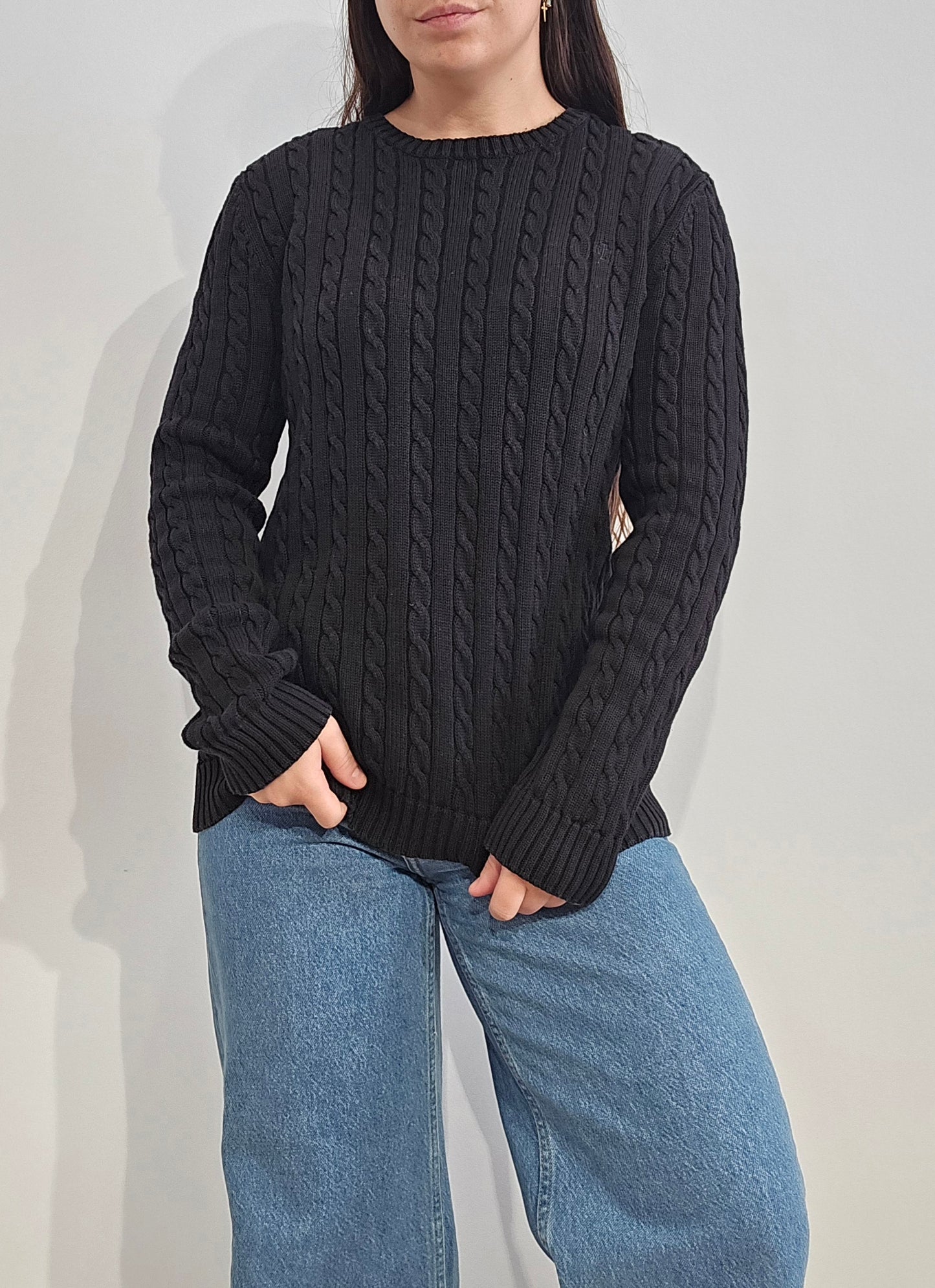 Pull col rond en maille torsadée noir collection RLR - M
