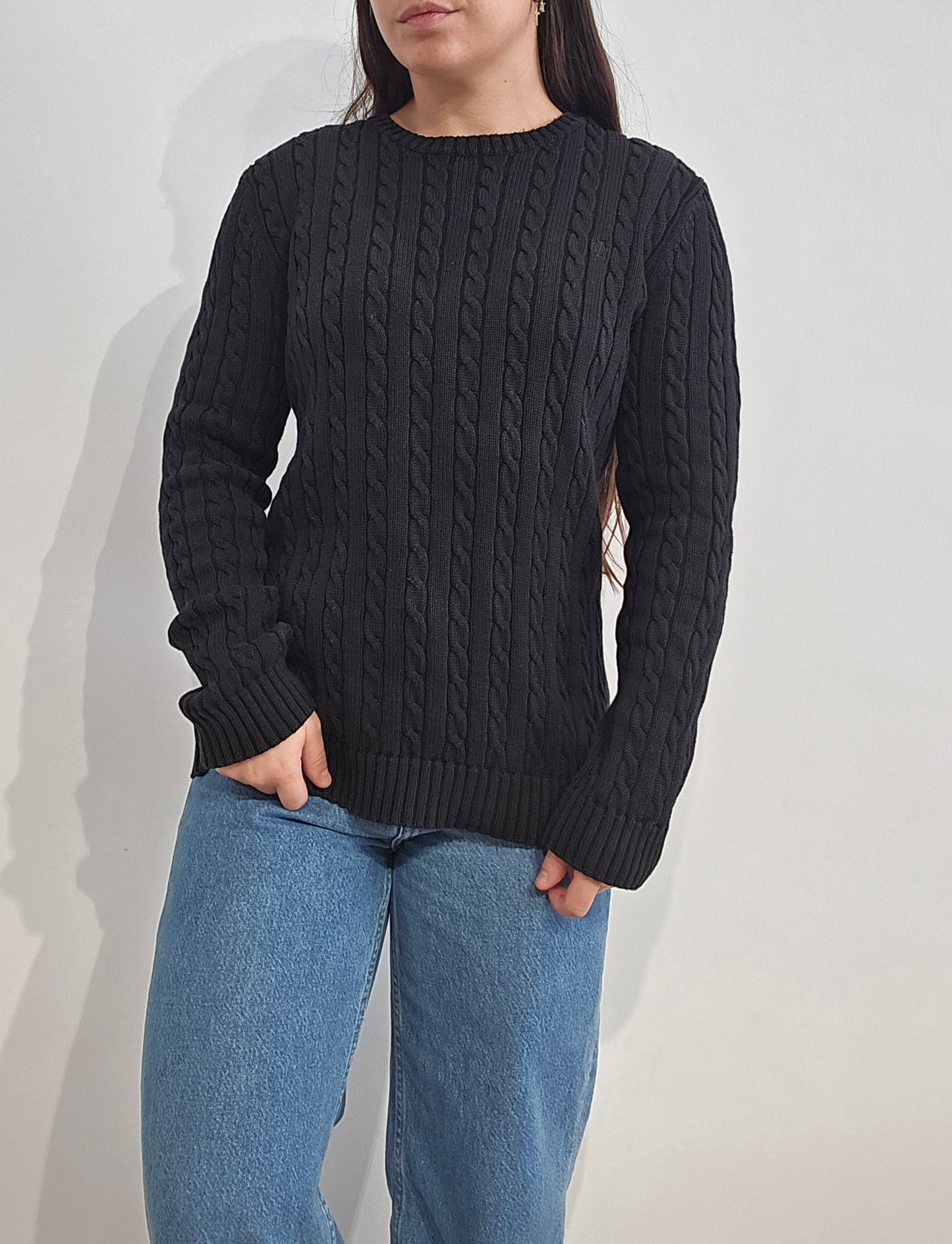 Pull col rond en maille torsadée noir collection RLR - M