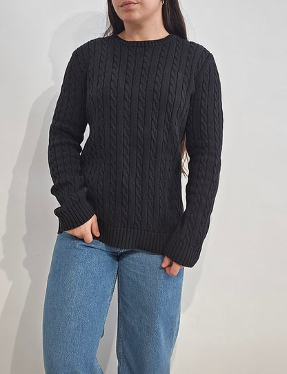 Pull col rond en maille torsadée noir collection RLR - M