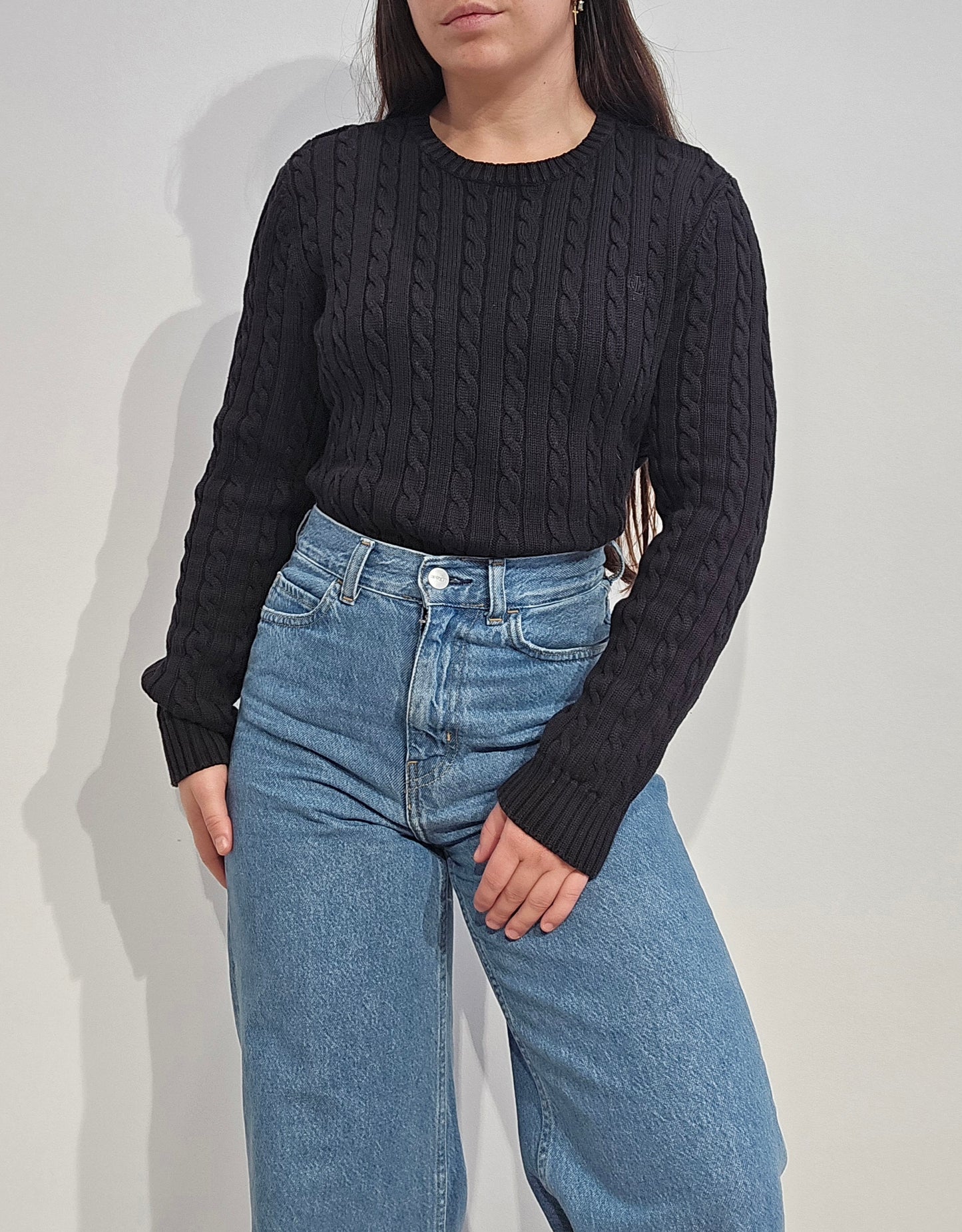 Pull col rond en maille torsadée noir collection RLR - M