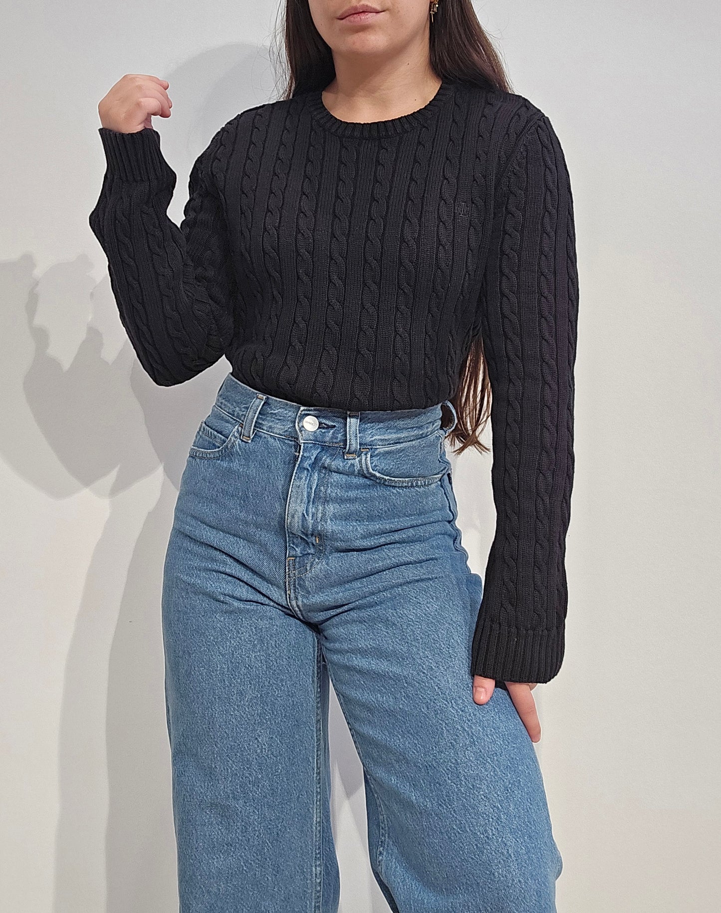 Pull col rond en maille torsadée noir collection RLR - M