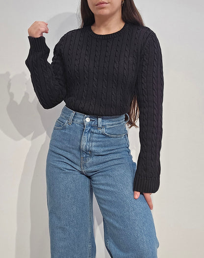 Pull col rond en maille torsadée noir collection RLR - M
