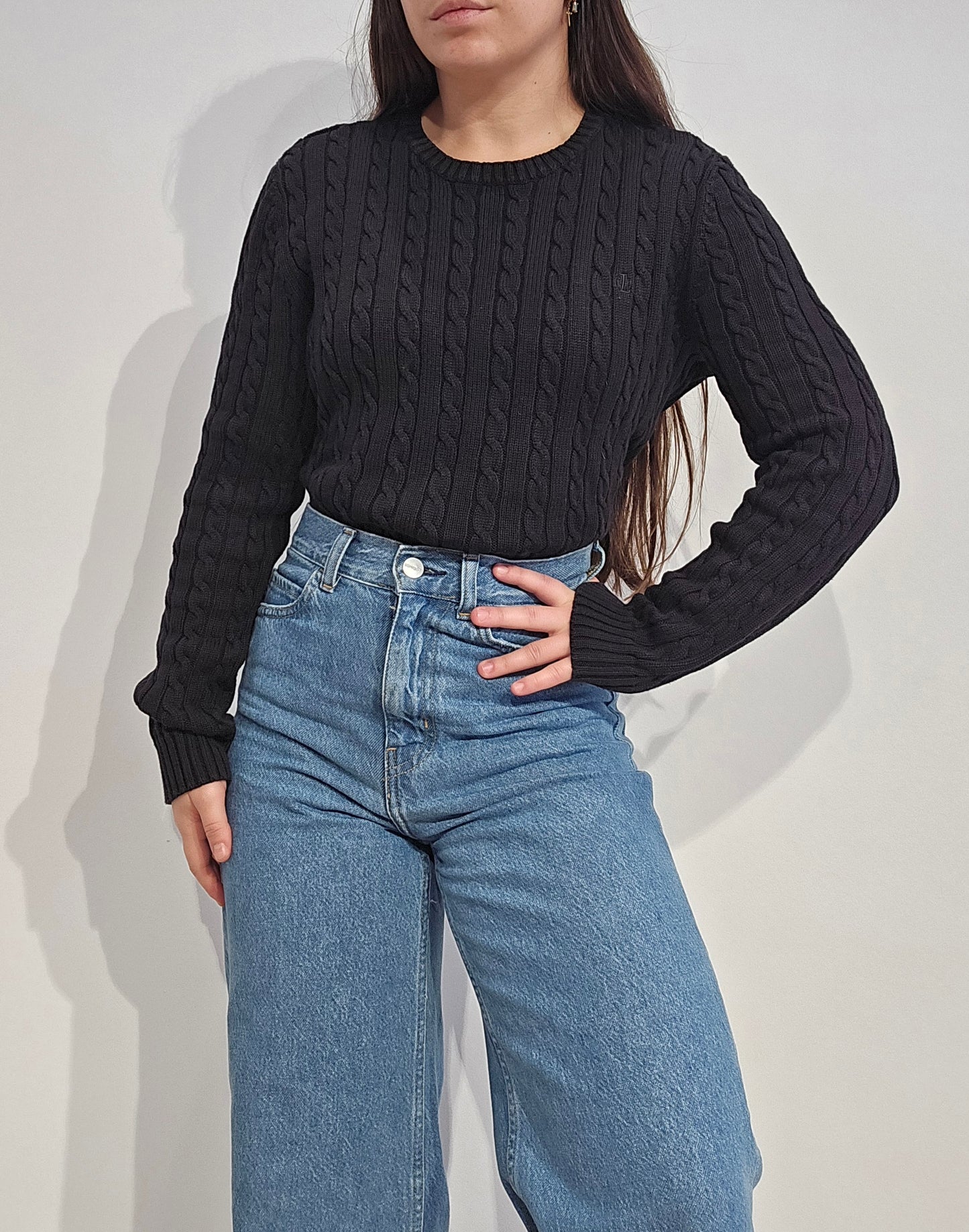 Pull col rond en maille torsadée noir collection RLR - M